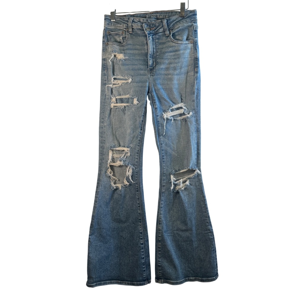 American Eagle Super Hi-Rise Flare Jeans Distressed Crossover Stretch Blue 6 Reg